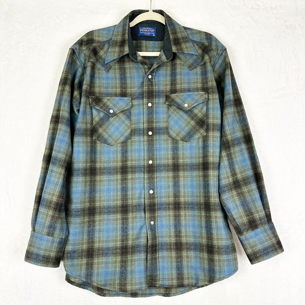 Pendleton Men's Canyon Shirt Size Medium Virgin Wool Plaid Pearl Snap Western